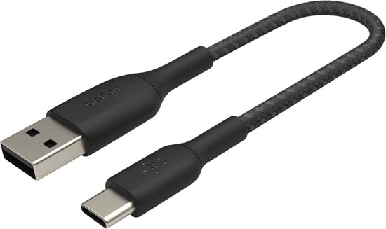 Korte zwarte USB-A naar USB-C kabel met gevlochten snoer.