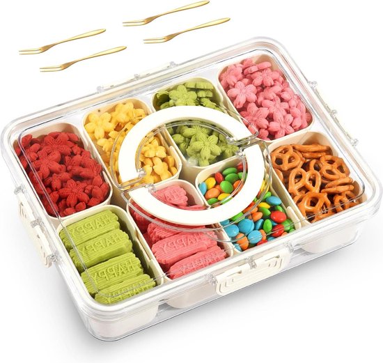 Foto: Verdeelde dienbladen snackdoos met 8 compartimenten draagbare snackbak voor groenten fruit snacks en noten picknickfeestjes reizen