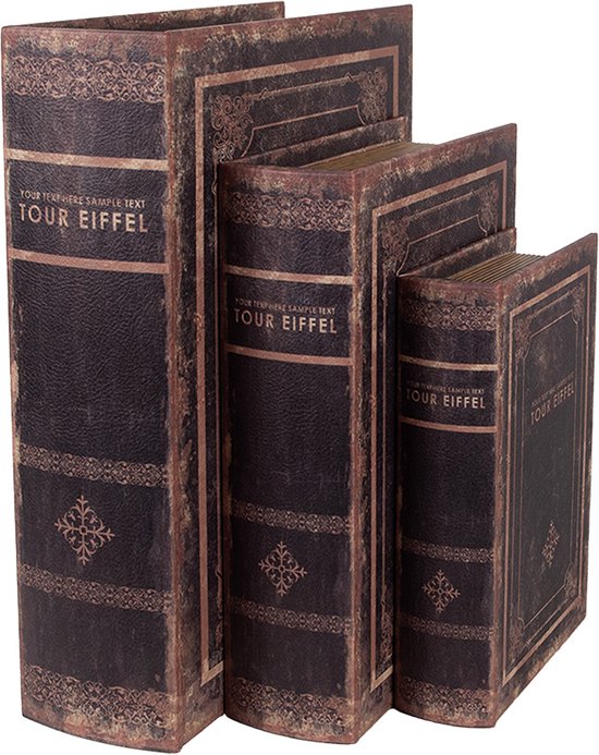 Ensemble de trois livres décoratifs marrons de différentes tailles avec des détails dorés.