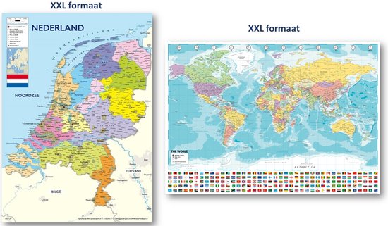 Wereldkaart XXL + Nederland kaart XXL poster set - Twee grote kaarten - Formaat 140 x 100 cm - drukgang 2025 - wanddecoratie - multi