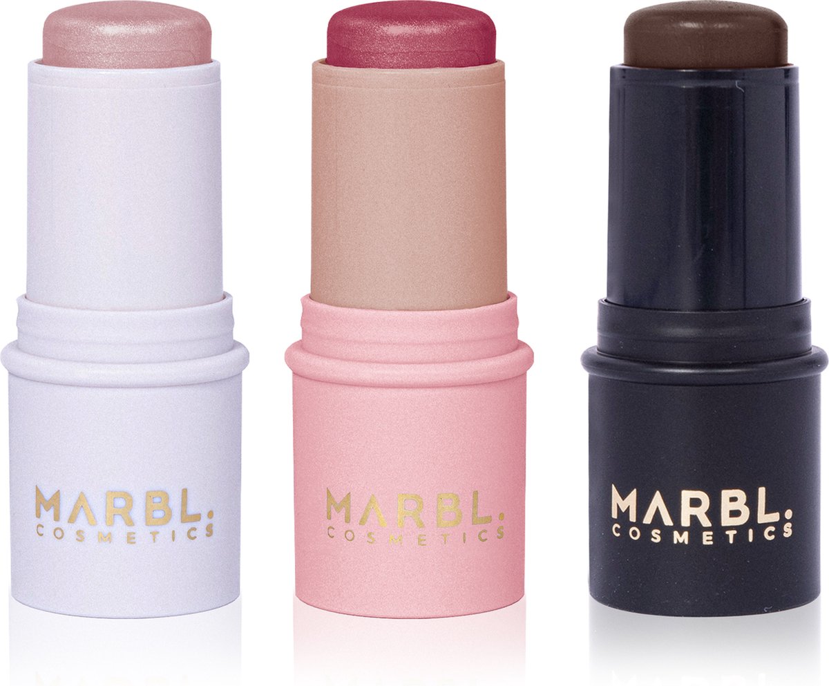 Marbl Cosmetics MARBL. Cosmetics Easy Stick & Blend Kit Alles-in-één: Foundation Concealer Blush Lipstick & Highlighter Set van 3 Deep