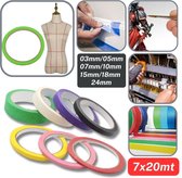 Set van 7 Rolletjes van 20 Meter DRAPEERTAPE/AFPLAKTAPE/BOLDUC, 7 Verschillende Breedtes, Totaal 140 Meter, MIX KLEUREN