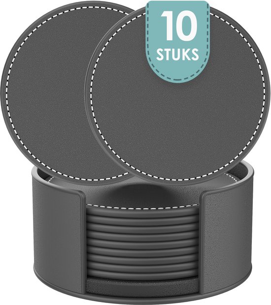Sous- Sous-verres en cuir de Luxe avec support - 10 pièces - Sous-verres pour Verres - Sous- verres en verre pour la table - Sous-verres - Zwart - Rond