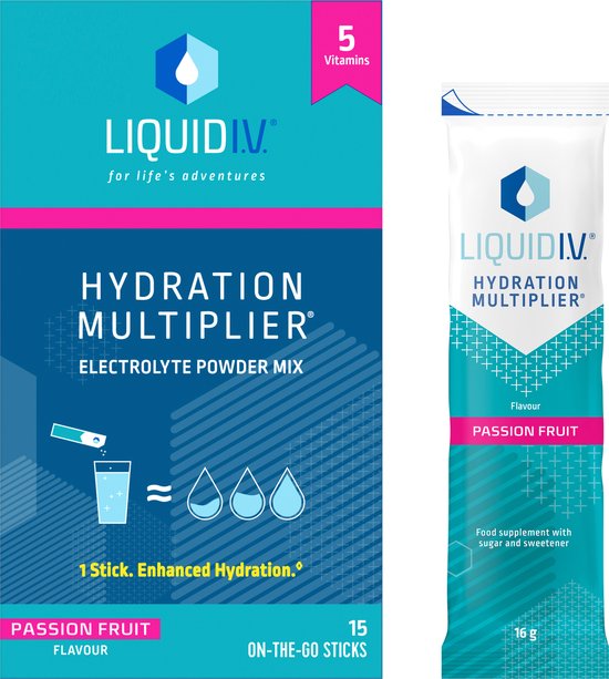 Foto: Liquid i v hydration multiplier elektrolyten poeder passion fruit flavour gemakkelijk te openen stick gebruik met 500 ml water 15 sticks