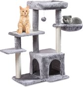 MaxxPet Krabpaal - Kattenspeeltuig - Krabton - Kattenhuis - Kattenkrabpaal 4 verdiepingen - 3 ligplekken + kattenhuisje + Hangmat met extra speeltjes - 58x39x90cm - Grijs