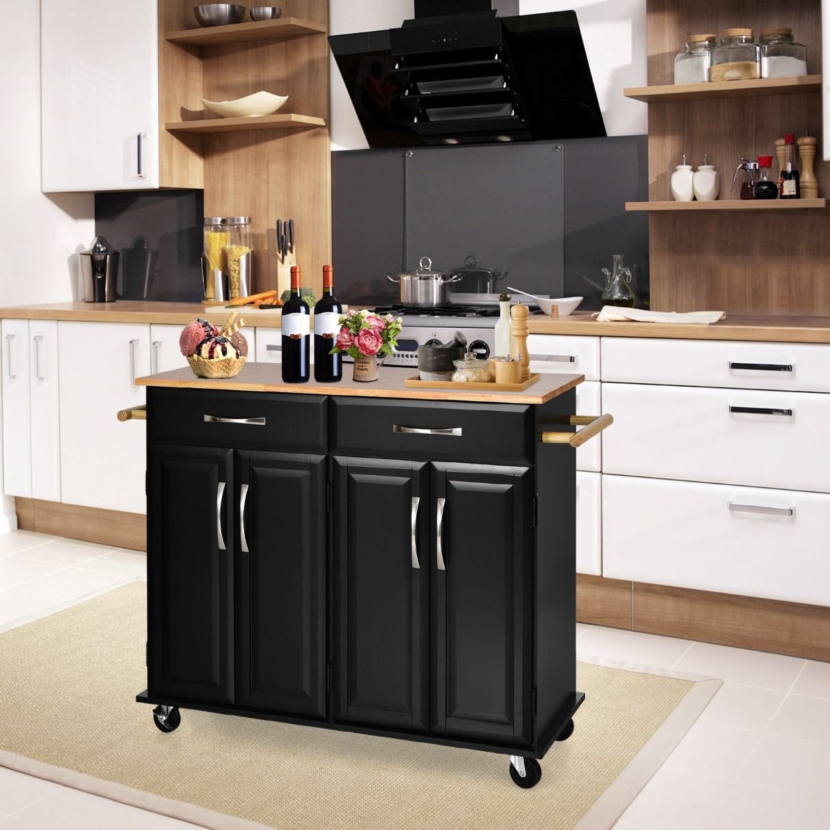Keukeneiland - Verplaatsbaar - Keukenkast - Dressoir - Organizer - Kasten - Houten Werkblad - 2 Deuren - Zwart