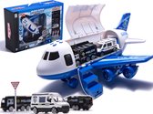 Playos® - Transporter Vliegtuig - Politie - Blauw - XL - 1:64 - inclusief 3 Voertuigen en Verkeersborden - met Licht en Geluid - Vliegtuig - Vliegtuig Speelgoed - Rollenspel Speelgoed