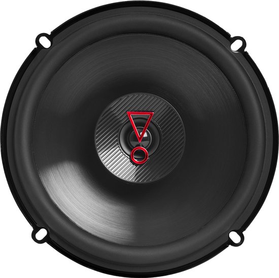 Zwarte JBL speaker met rood JBL logo in het midden, geen grill.