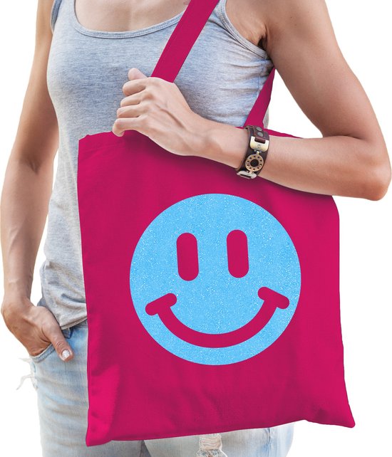 Foto: Bellatio decorations cadeau tas dames smile emoticon fuchsia katoen 42 x 38 cm moederdag verjaardag