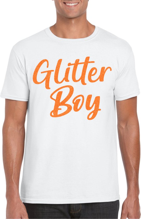 Bellatio Decorations Verkleed T-shirt voor heren - glitter boy - wit - oranje glitter - carnaval XL