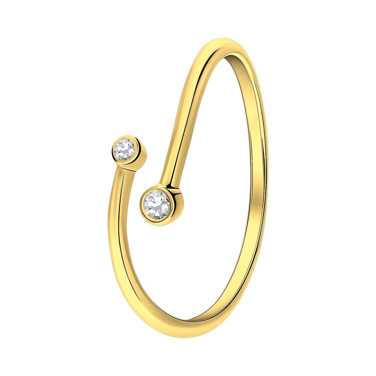 Lucardi Dames Zilveren goldplated ring met twee zirkonia stenen - Ring - 925 Zilver - Goud - 19 / 60 mm