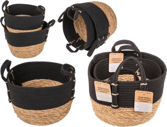 Opbergmand zwart katoen zeegras set van 2 hengsels ca. 18 x 25 cm 20 x 30 cm - stapelbaar Wicker Storage Basket (2-5)