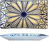 Rechthoekige Bordje - 21x13CM - Keramiek Blauw & Geel Boho bloemen design - Serveerschaal voor hapjes, taps, sushi, decoratie etc.