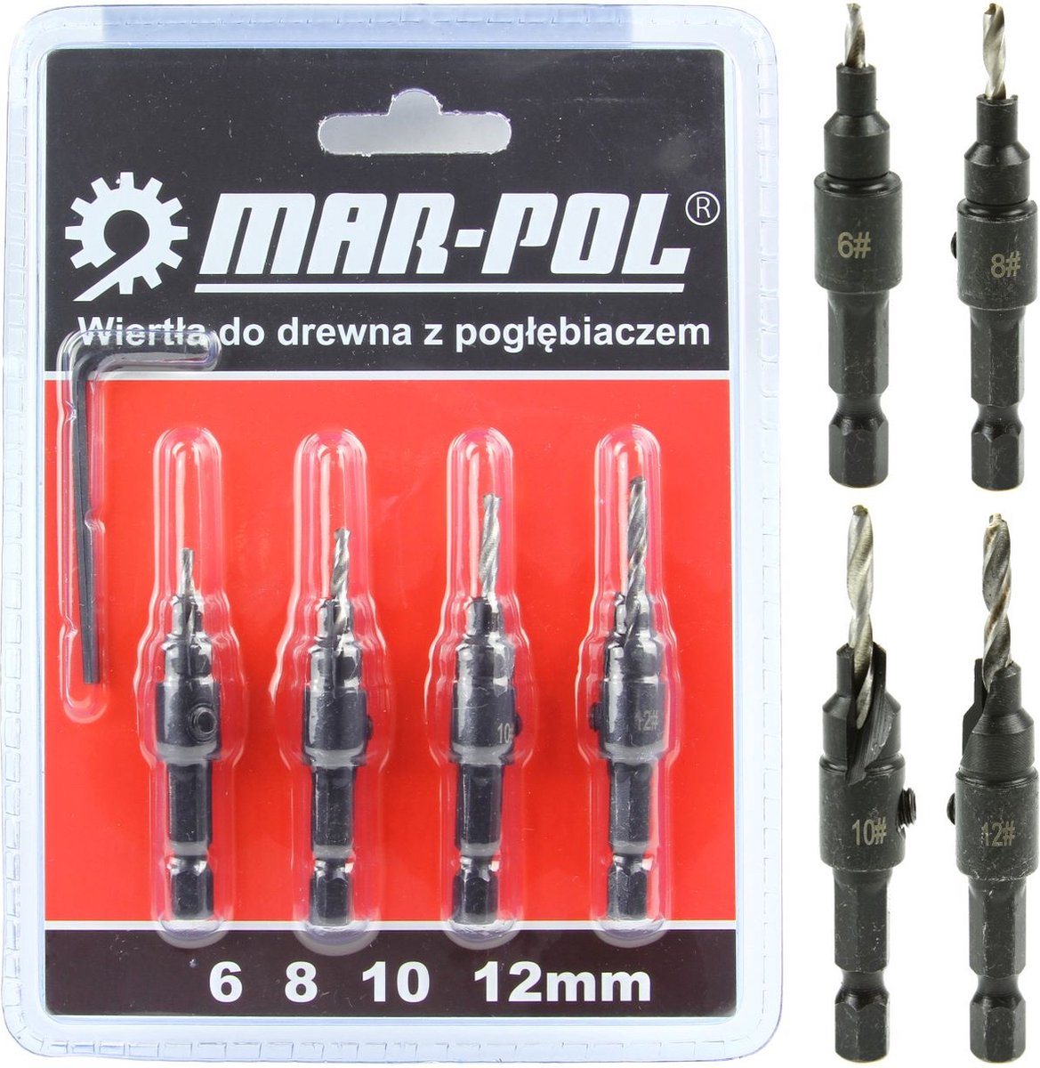 Houtspiraalboor set met verzinkboor (boor - 6, 8, 10, 12 mm)
