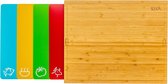 Grote Bamboe Houten Snijplank Set met Flexibele Vaatwasmachinebestendige Plastic Gekleurde Snijmat - Inclusief 4 Kleurgecodeerde Matten met Voedsel Pictogrammen - Keuken Snijgereedschap