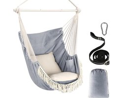 Hanging Chair - Max 500LB Capacity, 2 Cushions Included, Steel Spreader Bar with Anti-Slip Grooves, Portable Design, Side Pocket, Large Macrame Bohemian Style - Indoor/Outdoor