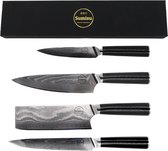 Sumisu Knives - Japanse messenset 4-delig - Black collection - 100% damascus staal - Chefkok messenset - Geleverd in luxe geschenkdoos