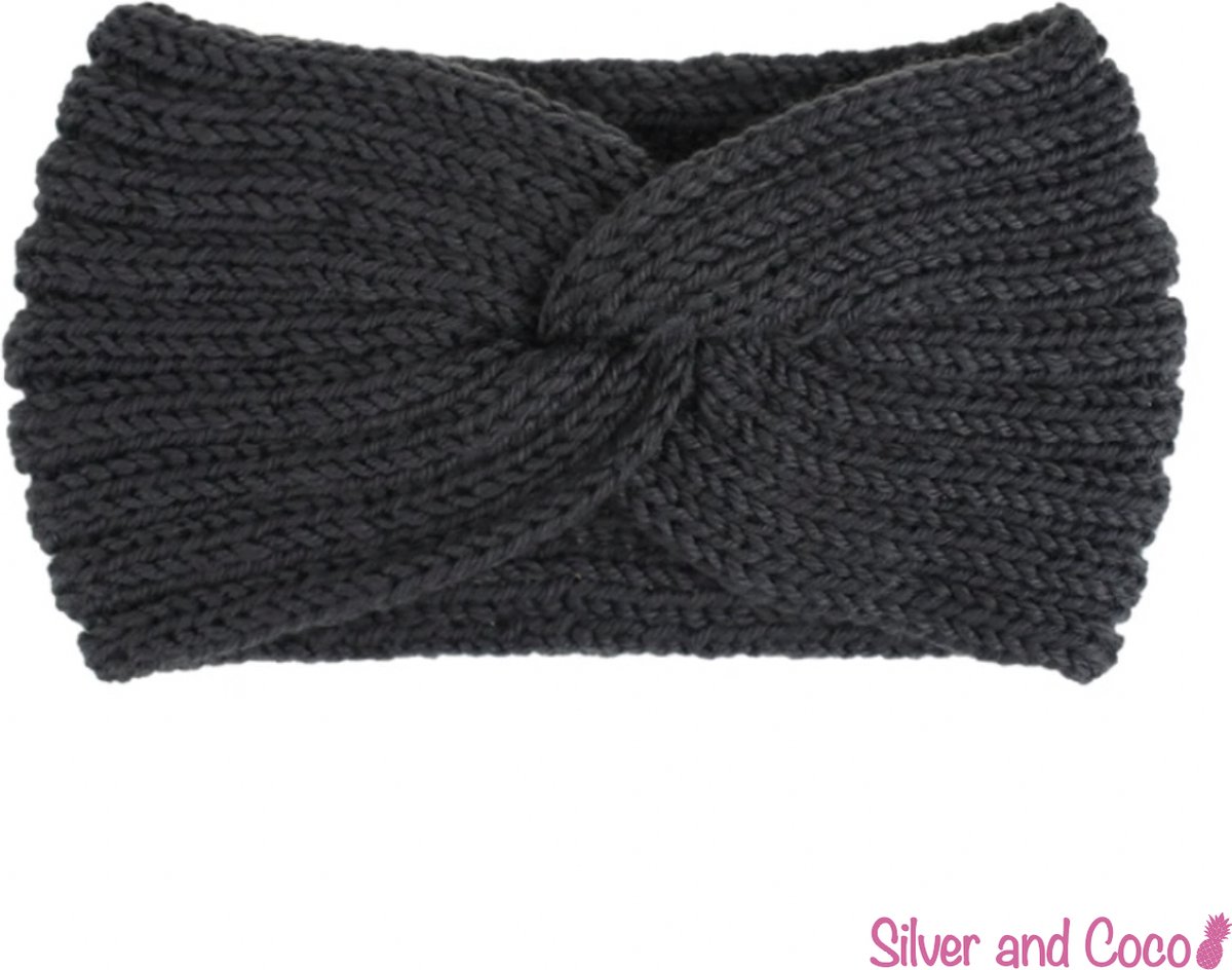SilverAndCoco® - Winter Haarband Dikke Warme Fluffy Elastische Hoofdband Gedraaid Wol / Geribbelde Wollen Brede Haarbanden Dames / Zachte Grijze Warm Bonten Elastische Meisjes Knoop Breed - Donker Grijs