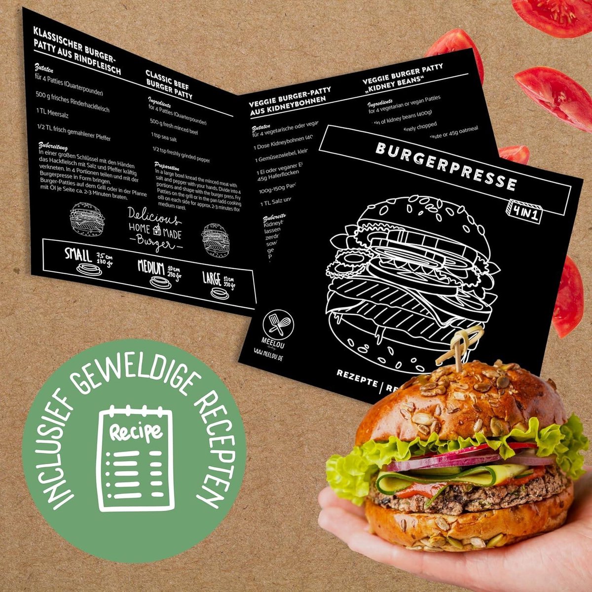 100 Vellen Verdeelpapier - 4 Pattymaten - Stuffed Patties en XXL - Burger Patty Press voor Beste Hamburgers - Hamburgerpers met Recepten