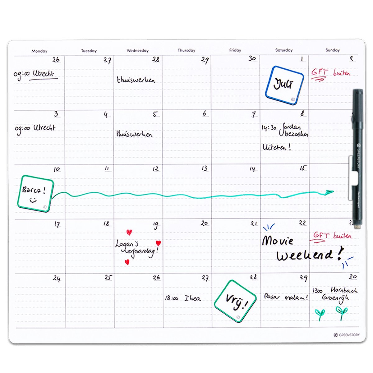 GreenStory - Maand Planner - Zelfklevend - Wit - M - met Sticky Pen