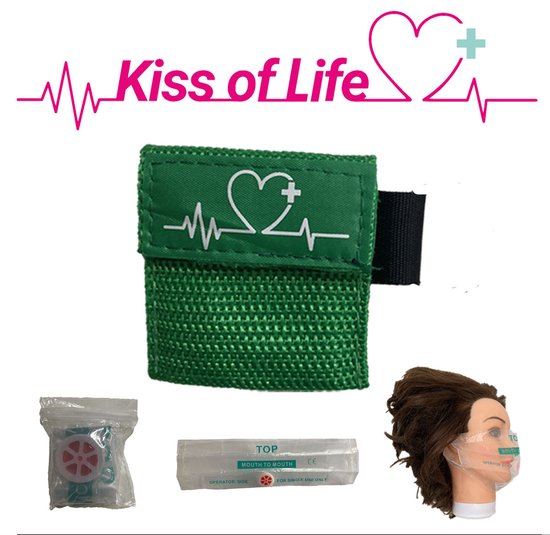 Kiss of life | Ademhalingsmasker | Beademingsdoekje | Gezichtsbeschermer | CPR masker | Reanimatiemaster | Sleutelhanger - Groen - Veilig reanimeren