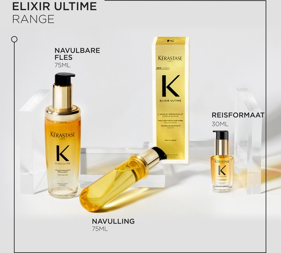 Assortiment Kérastase Elixir Ultime producten: navulbare fles 75ml, navulling 75ml en reisformaat 30ml.