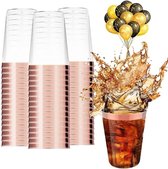 Pecewlos 50 stuks plastic bekers met roségouden rand, 300 ml bekers van kunststof, herbruikbare drinkbekers, elegante partywijnglazen voor champagne, bier, cocktail, martini, soda, dessert