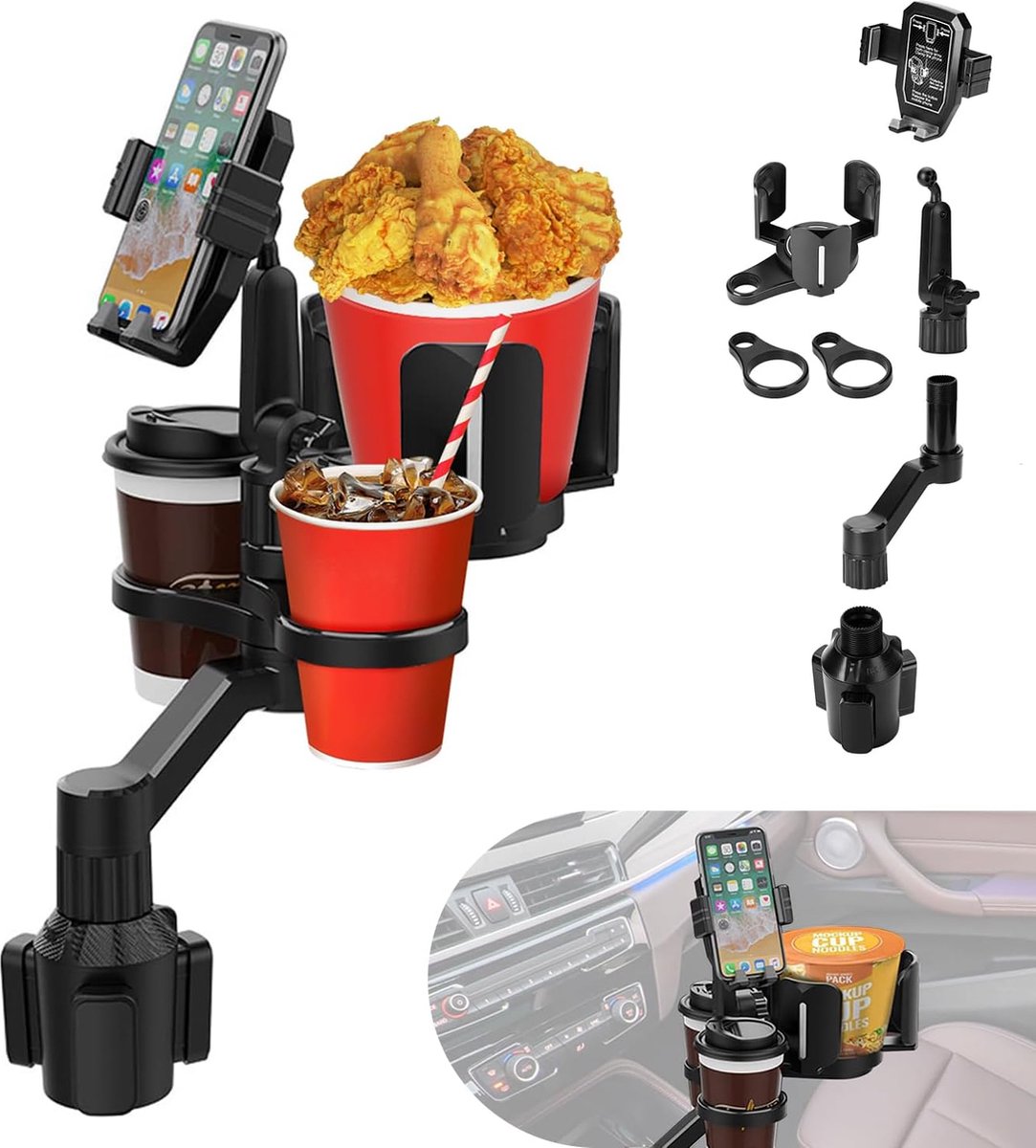 Bekerhouder voor auto, 360° rotatie, instelbare basis, brede bekerhouder, expander, met dubbele bekerhouder, telefoonhouder, afneembare instant noedel-bekerhouder, asbak, auto