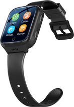 Zwarte smartwatch met icoon-menu op het scherm: Stopwatch, Calculator, Wchat, Apparaat.