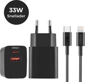 WiseQ 33W Ultra Snellader - Dubbele Snellader met USB A & USB C Poorten - Compatibel met o.a. IPhone 15 & MacBooks - Inclusief 3m USB-C naar Lightning Kabel - Zwart