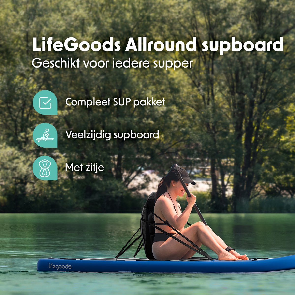 LifeGoods PaddlePro SUP Board - met Zitje - Opblaasbaar Paddle Board - Complete Set - Max. 150KG - 320x81cm - Blauw – foto 2