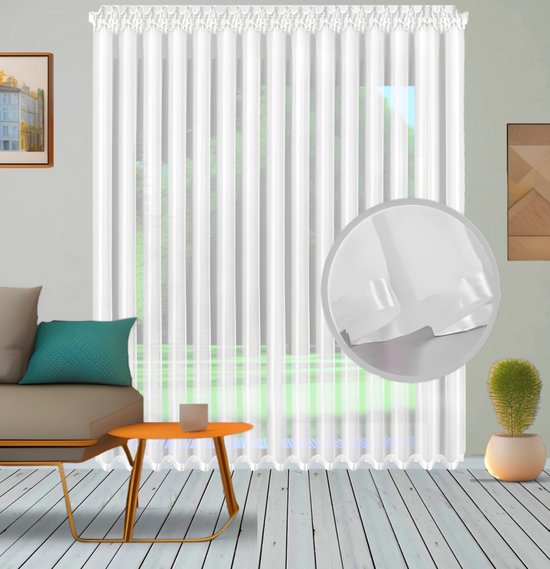 Glow Thuis Kant-en-Klaar Vitrage Gordijn - Voile Materiaal - Wit met Satijnband - Plooiband - 400x250 cm - Klassieke Stijl