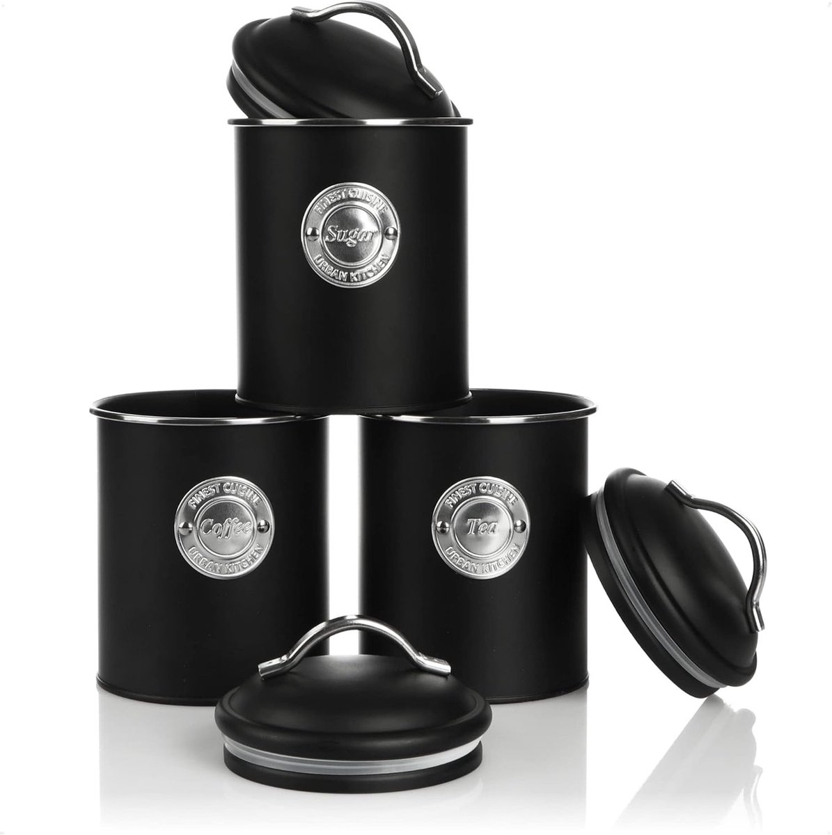 3x koffiekan decoratieve voorraadpotten in 3 designs voorraadcontainer met deksel voor koffie thee cacao (03 stuks zwart)