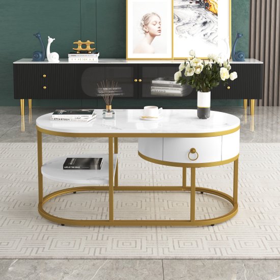 Salontafel, woonkamertafel, salontafel met marmerlook en gouden ijzeren frame, met lades en planken. Bijzettafel met gouden handvatten.