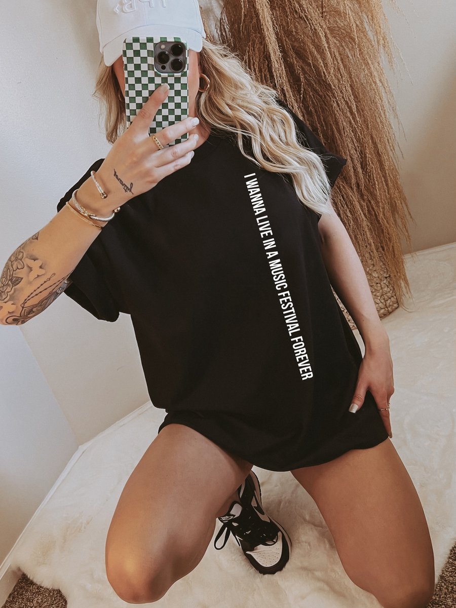 Festival T-shirt - Dames - Zwart - Katoen - I wanna live in a music festival forever - Maat XL