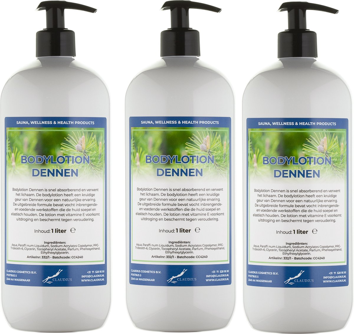 Bodylotion Dennen 1 Liter - met gratis pomp - set van 3 stuks