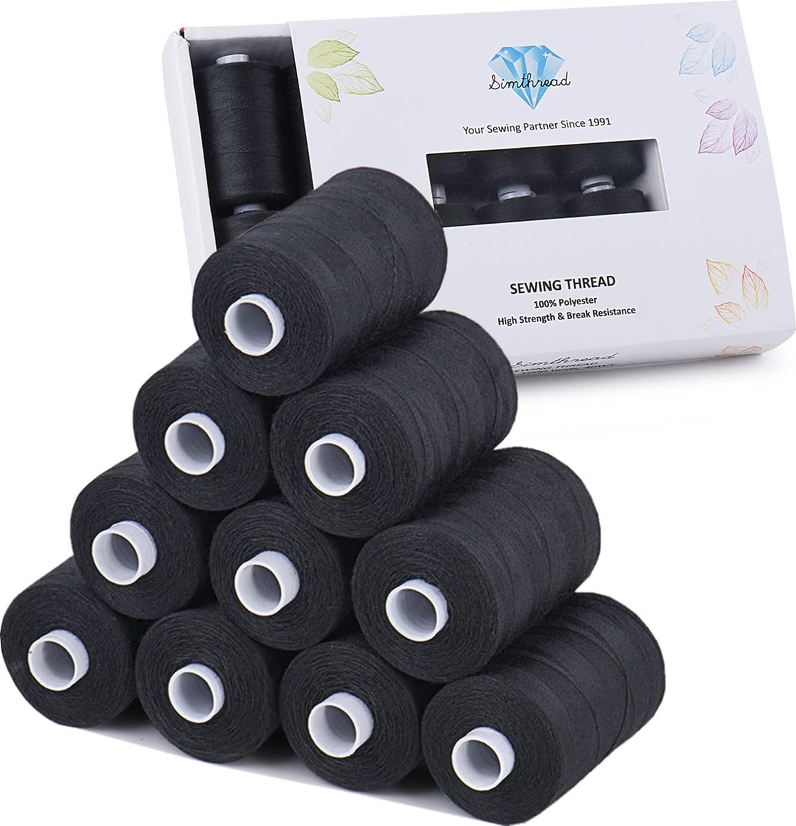 Naaidraad draad voor naaien naaimachine quilten handstiksels doe-het-zelf alle doeleinden polyester draadset 10 spoel 1000 yards (zwarte serie)