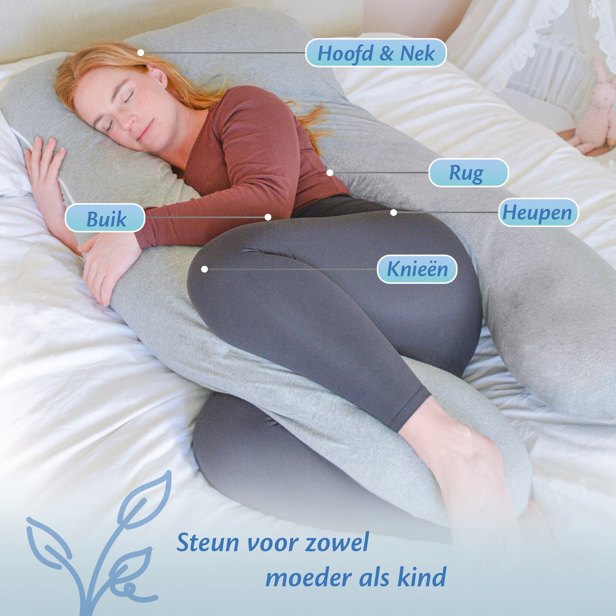Ella U-Vorm Zwangerschapskussen XXL - Katoen Zijslaapkussen - Lichaamskussen - Voedingskussen - Body Pillow 140x80cm - Afneembare Hoes – foto 2