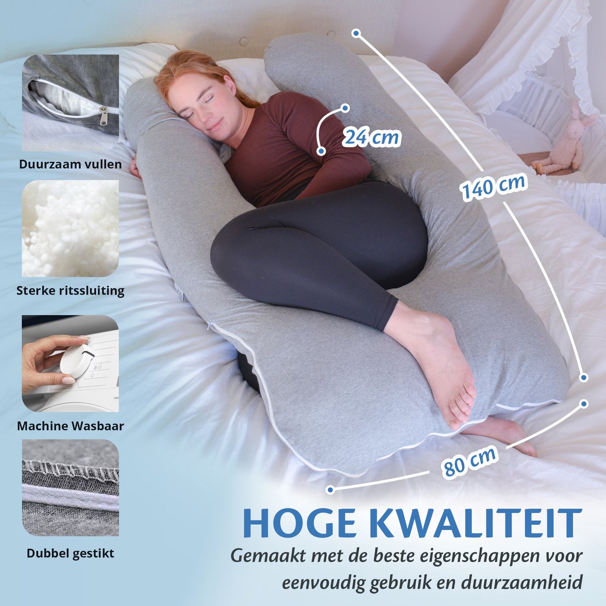 Ella U-Vorm Zwangerschapskussen XXL - Katoen Zijslaapkussen - Lichaamskussen - Voedingskussen - Body Pillow 140x80cm - Afneembare Hoes – foto 6