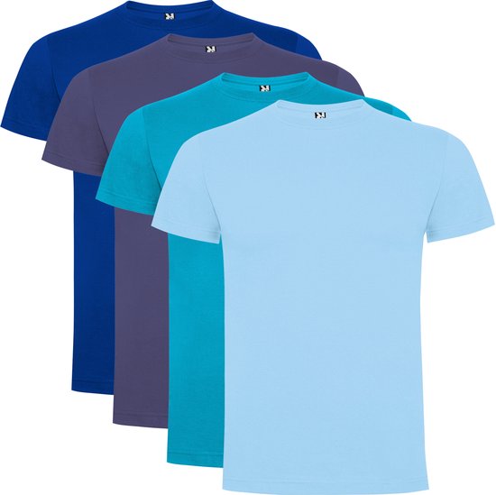 4 Pack Dogo Premium Heren T-Shirt 100% katoen Ronde hals Sky blue, Kobalt blauw, Denim, Aqua Maat M