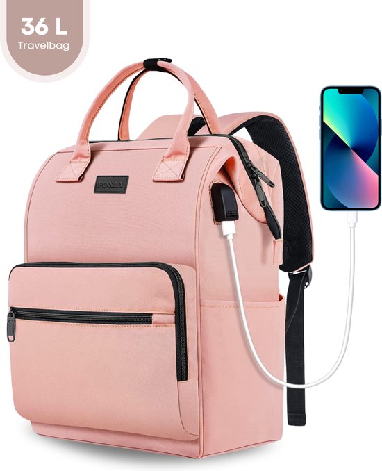 FOXLY® Waterdichte Rugzak & Laptoptas Inclusief Usb Oplaadstation - 26L - Dames en Heren - Schooltas - Roze