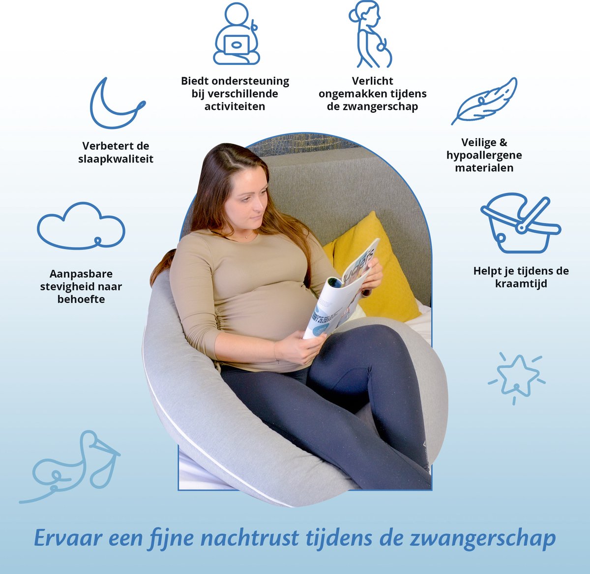 Ella J-Vorm Zwangerschapskussen XXL - Katoen Zijslaapkussen - Lichaamskussen - Voedingskussen - Body Pillow 155cm - Afneembare Hoes – foto 3