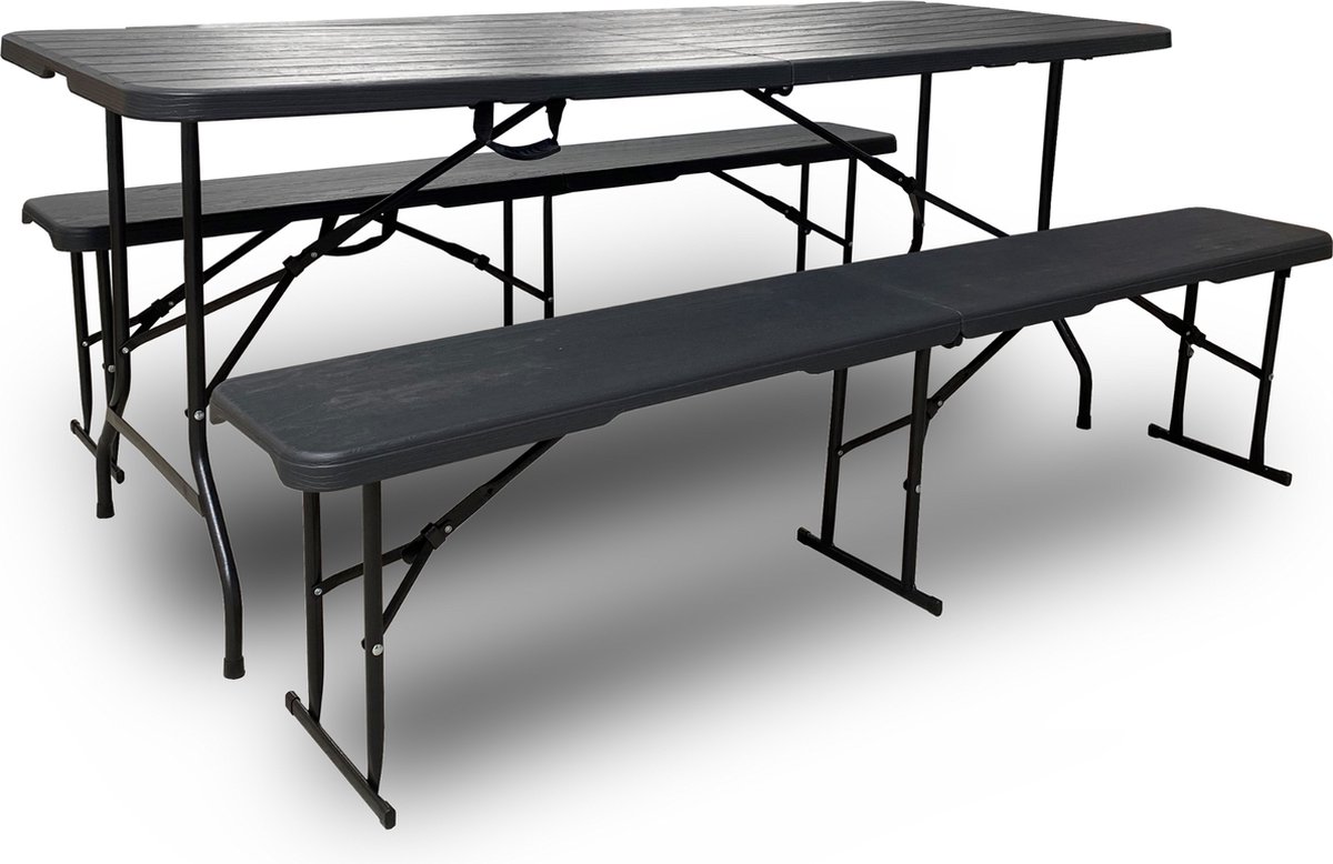 Rijoka Inklapbare Picknicktafel – Houtlook Design – Klaptafel met 2 Klapbanken – Biertafel 6 tot 8 personen – Draagkracht 150kg - Taupe