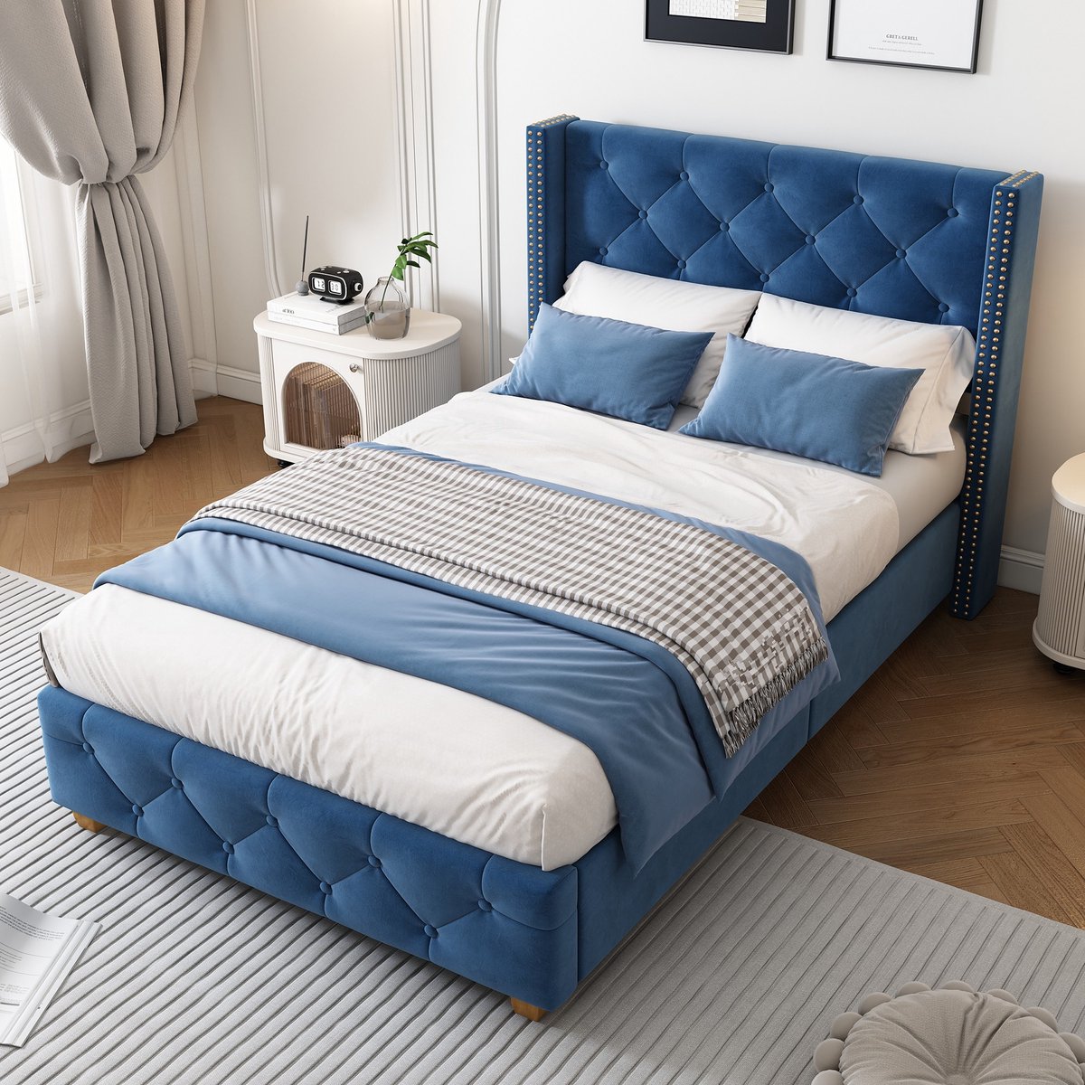 Sweiko Gestoffeerd bed - 90 x 200 cm - Eenpersoonsbed - Linnen - Tufting - Houten poten - Blauw