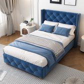 Sweiko Gestoffeerd bed 90*200cm, met lattenbod en hoofdeinde, knoopvulling, klinknagels vulling, houten poten, fluweel, Blauw