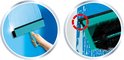 Deux images: une main utilise une raclette turquoise, et un gros plan de la tête de brosse turquoise.