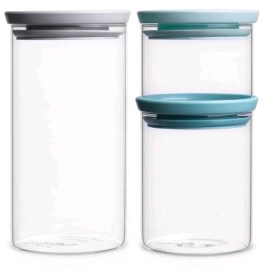 Brabantia Bocaux en verre empilables, set de 0,3 - 0,6 - 1,1 litre - Light Grey, Dark Grey en Jade Green