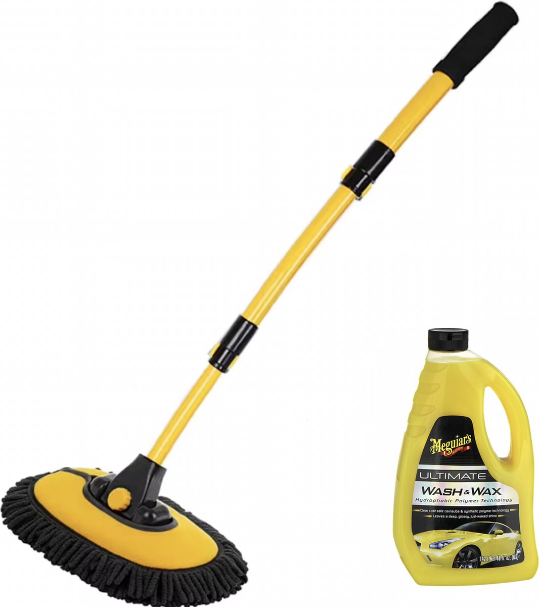 Meguiar’s Ultimate Wash & Wax + Telescopische Autowasborstel 110 cm – 15° Gebogen Aluminium Steel met 90° Roterende Microvezel Mop – Complete Auto Was Set