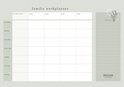 Familie weekplanner in pastelgroen, met vakjes voor namen, dagen en notities, en witte stippenpatroon.