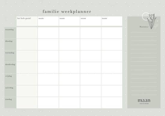 Familie weekplanner in pastelgroen, met vakjes voor namen, dagen en notities, en witte stippenpatroon.